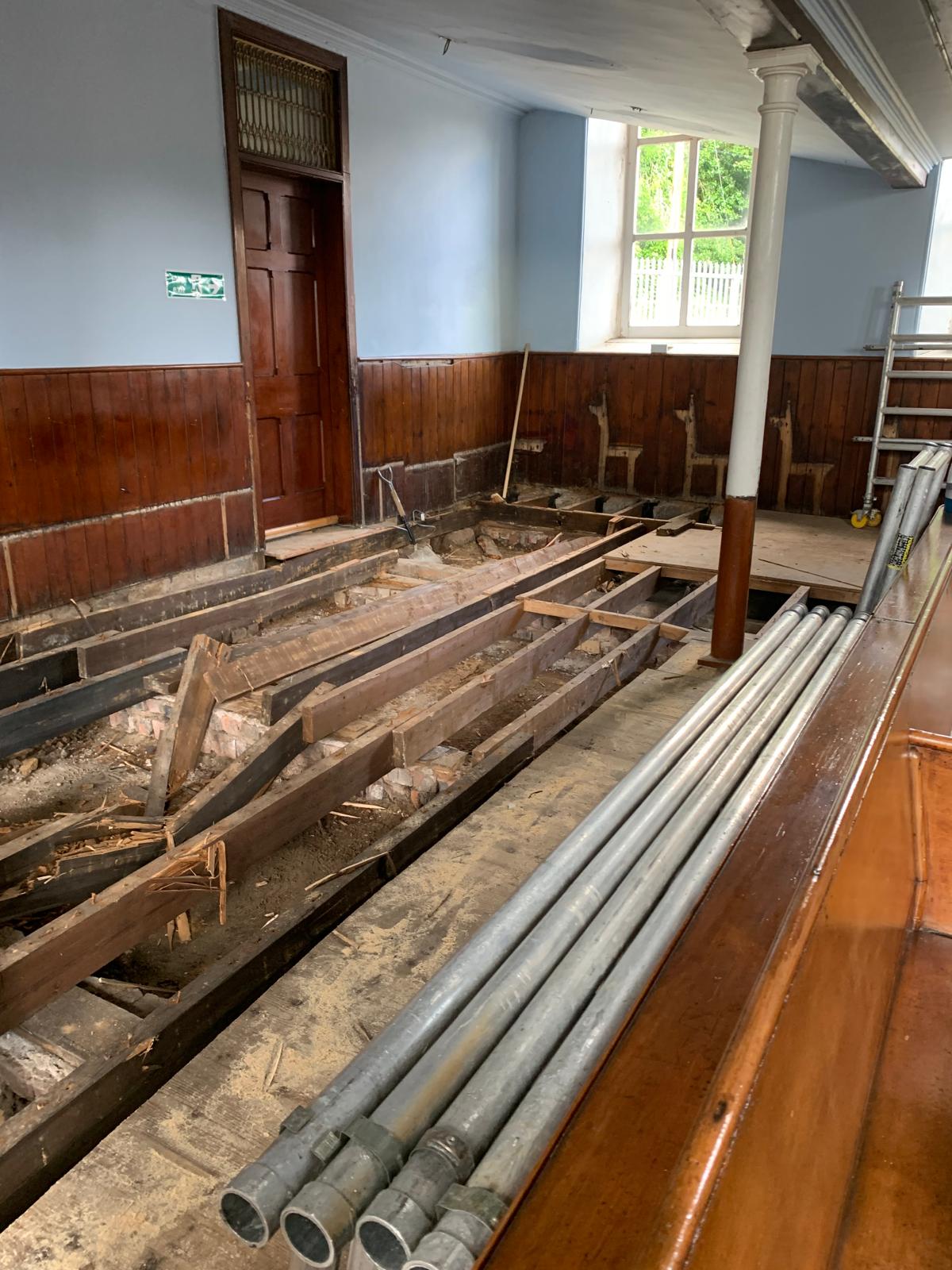 Works in progress inside Lugar Parish Church