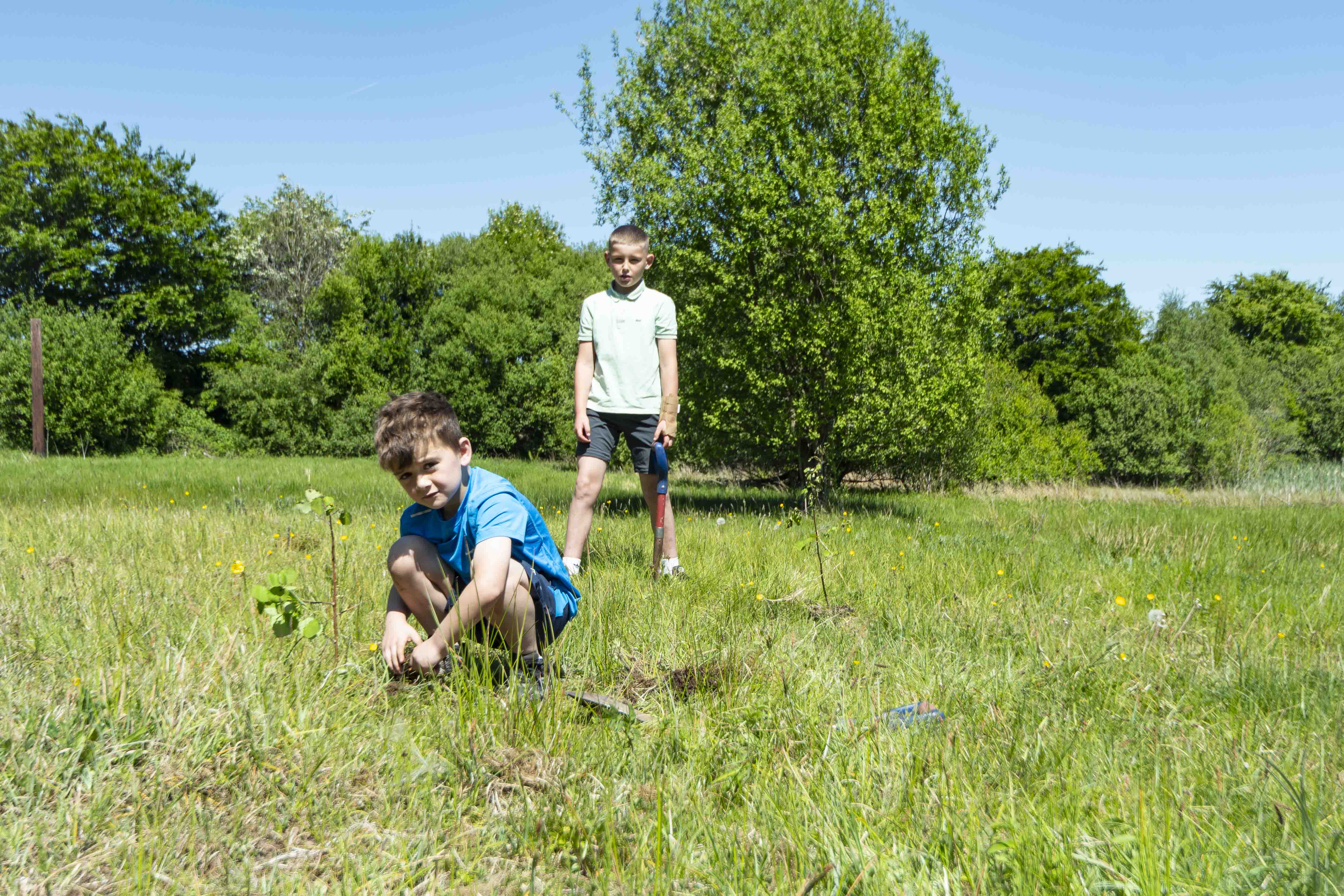 Killian Gaffney and Parker Davidsom planting Aspen and Juniper at Hannahston woods with Peter during the 4th annual open day of the community woodlands in 2025.